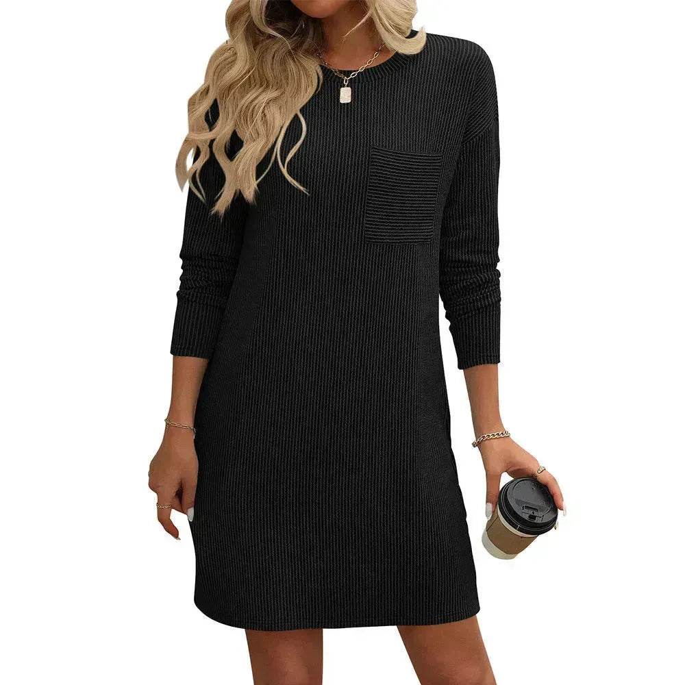 Casual New Solid Color Striped With Pockets Long Sleeve Loose Mini Dress Fashion Round Neck Straight Dress Women's Clothing - Velora