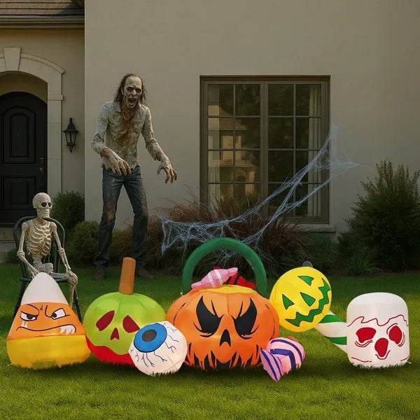 8FT Long Halloween Inflatables Pumpkins Eyeball Candy Outdoor Decorations, Blow Up Yard Decoration With Built-in LEDs Lighted For Lawn Garden Outside Indoor Decor - Velora