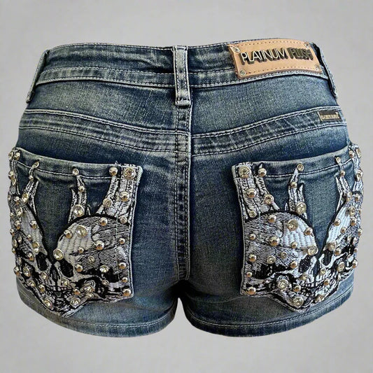 Bus Stop Women's Rhinestone Skull Wing Denim Shorts Boutique of Leathers/Open Road