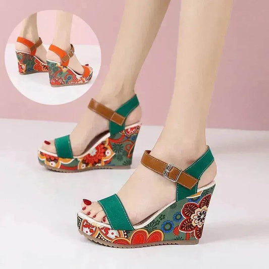 Fashion Flowers Embroidered High Wedge Sandals For Women Summer Toe Platform Buckle Shoes - Velora