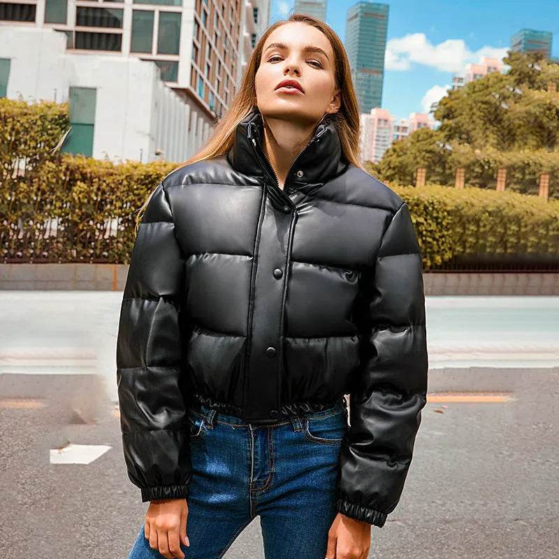 New Leather Puffer Cropped Jacket Warm Stand Collar Short Coat Y2K Cotton padded Jacket Women - Velora
