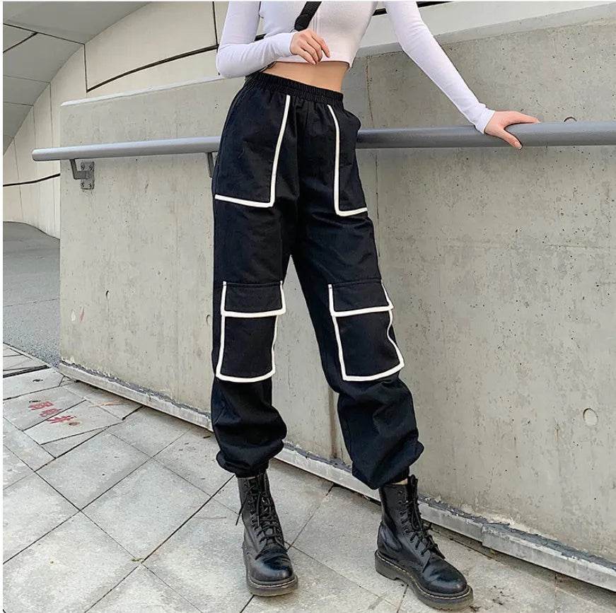 White Stripe Cargo Pants Women Trousers Pockets Patchwork Contrast Color High Waist Pants Hip Hop Capris - Velora