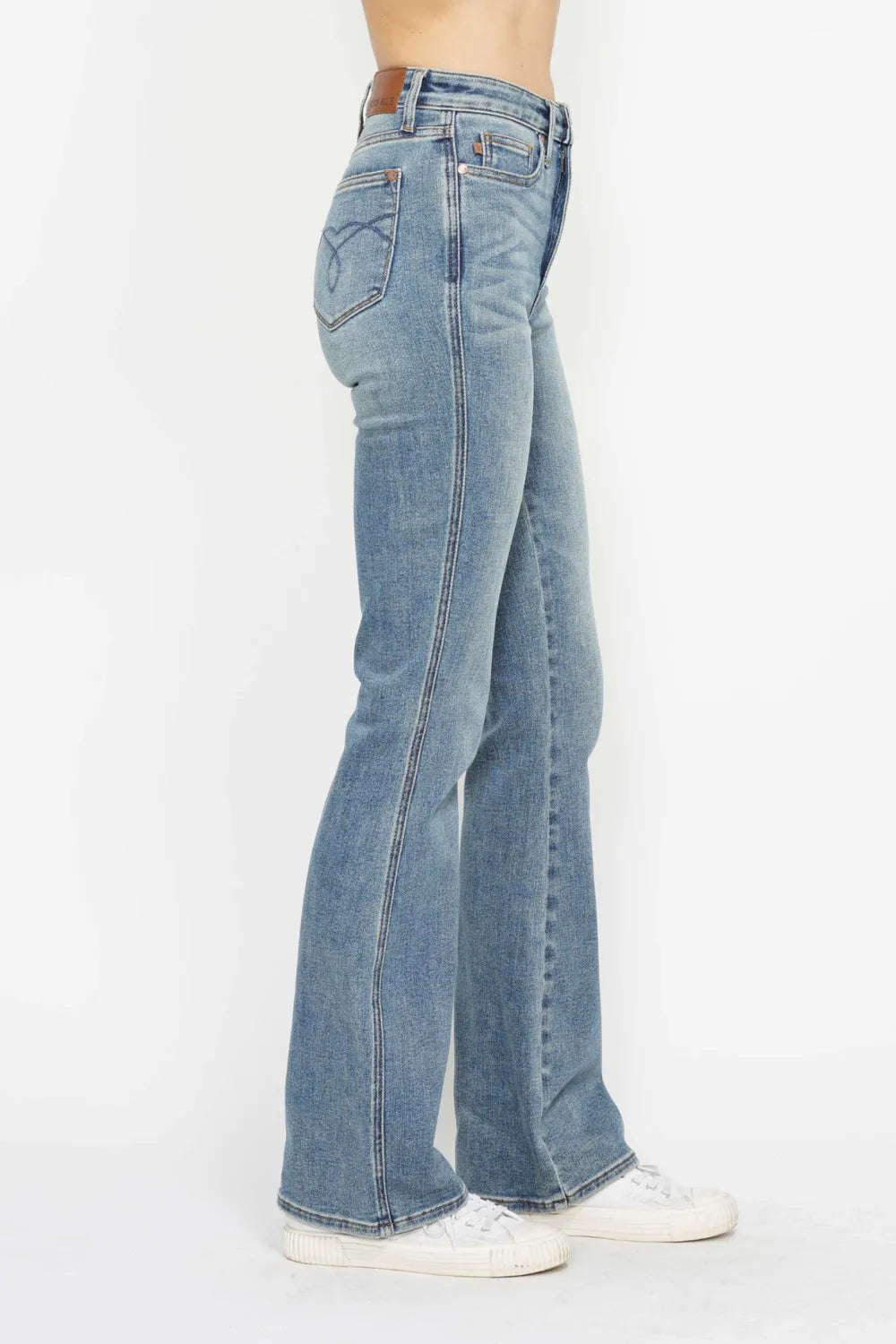 Judy Blue Full Size Tummy Control Back Embroidered Pocketed Bootcut Jeans Plus Size - Velora