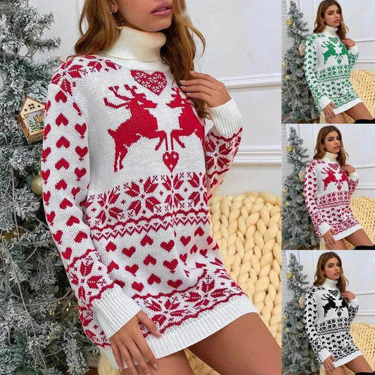Winter Wool Mini Jumper dress Christmas Turtleneck Sweater Dress - Velora