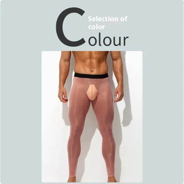 Men's Ultra thin Ice Silk Long John Skinny Flesh Nude Reflective Slim Leggings