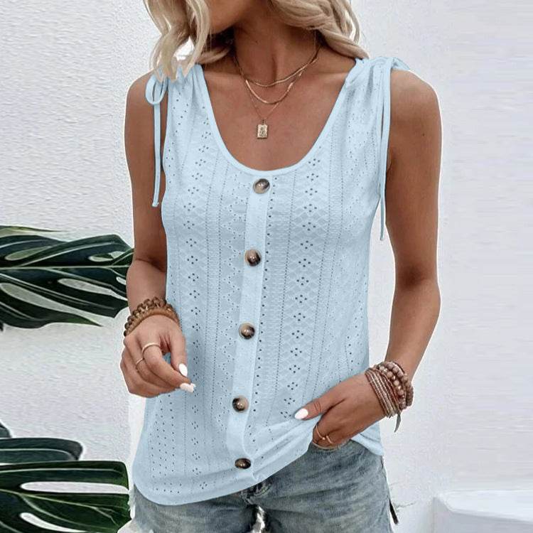 Casual summer U-neck Vest Women Shoulder With Bow Tie Summer blouse top - Velora