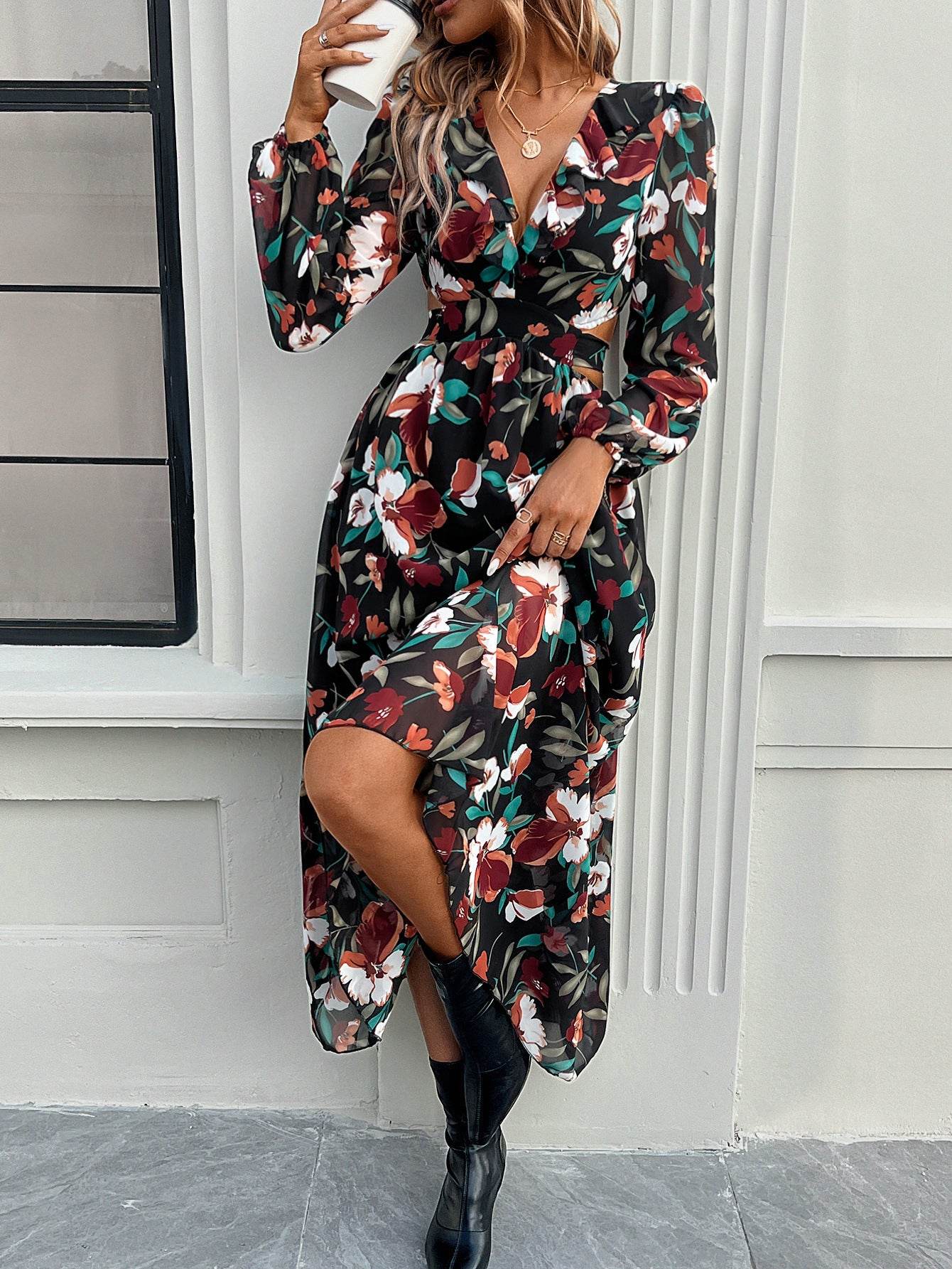 Fashion Florals Print Long Sleeve Dress Casual Holiday Tight-waisted V-neck Dresses Women Clothing - Velora