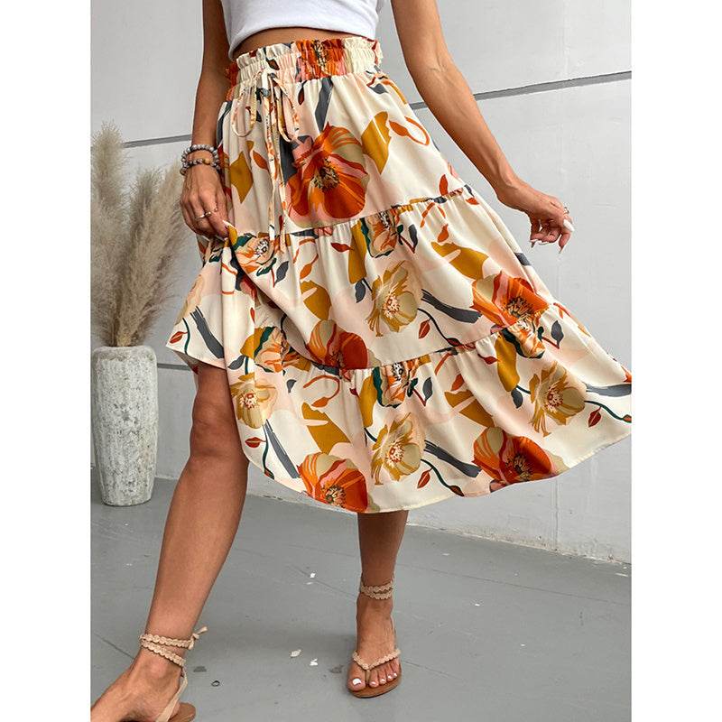 Women's Floral Tiered Midi Skirt Elastic Waist Dressy Casual A-line Flowy Boho Skirts - Velora