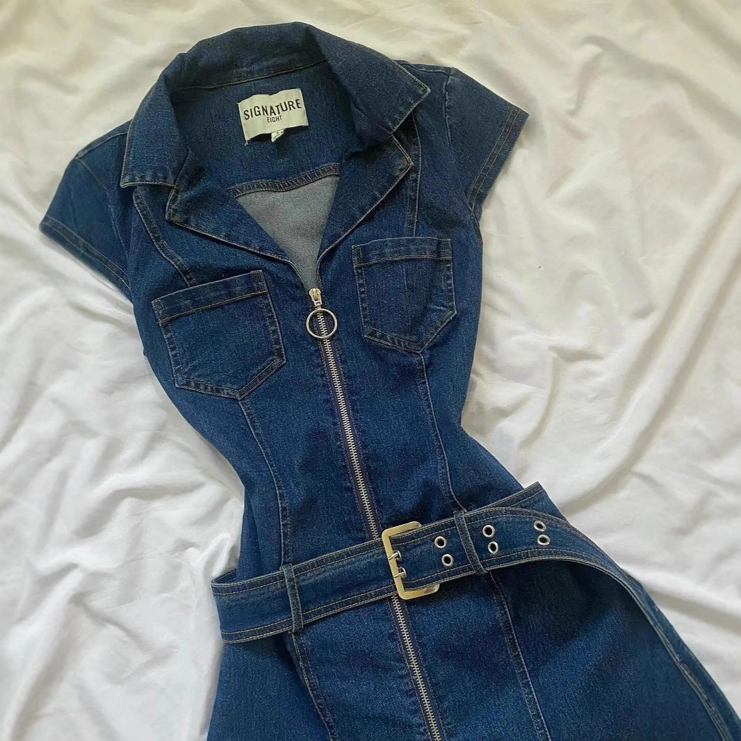 Women's Short Sleeve Bodycon Denim Mini Dress – Zip Front