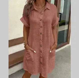Womens Button Down Shirt Dress Summer Cotton Linen Dress V-Neck Mini Dress Casual Short Sleeve Loose Tunic Dresses - Velora