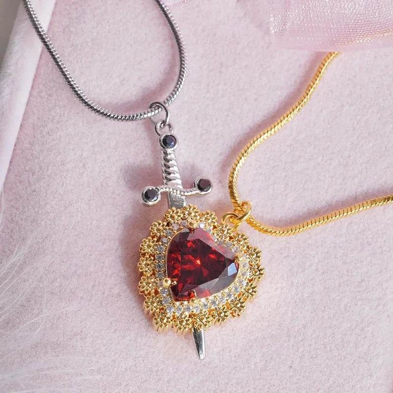 Gothic Punk One Arrow Through The Heart Creative Two Color Couple Necklace Red Rhinestone Heart Dagger Necklace Good Friend Gift Fashion Jewelry - Velora