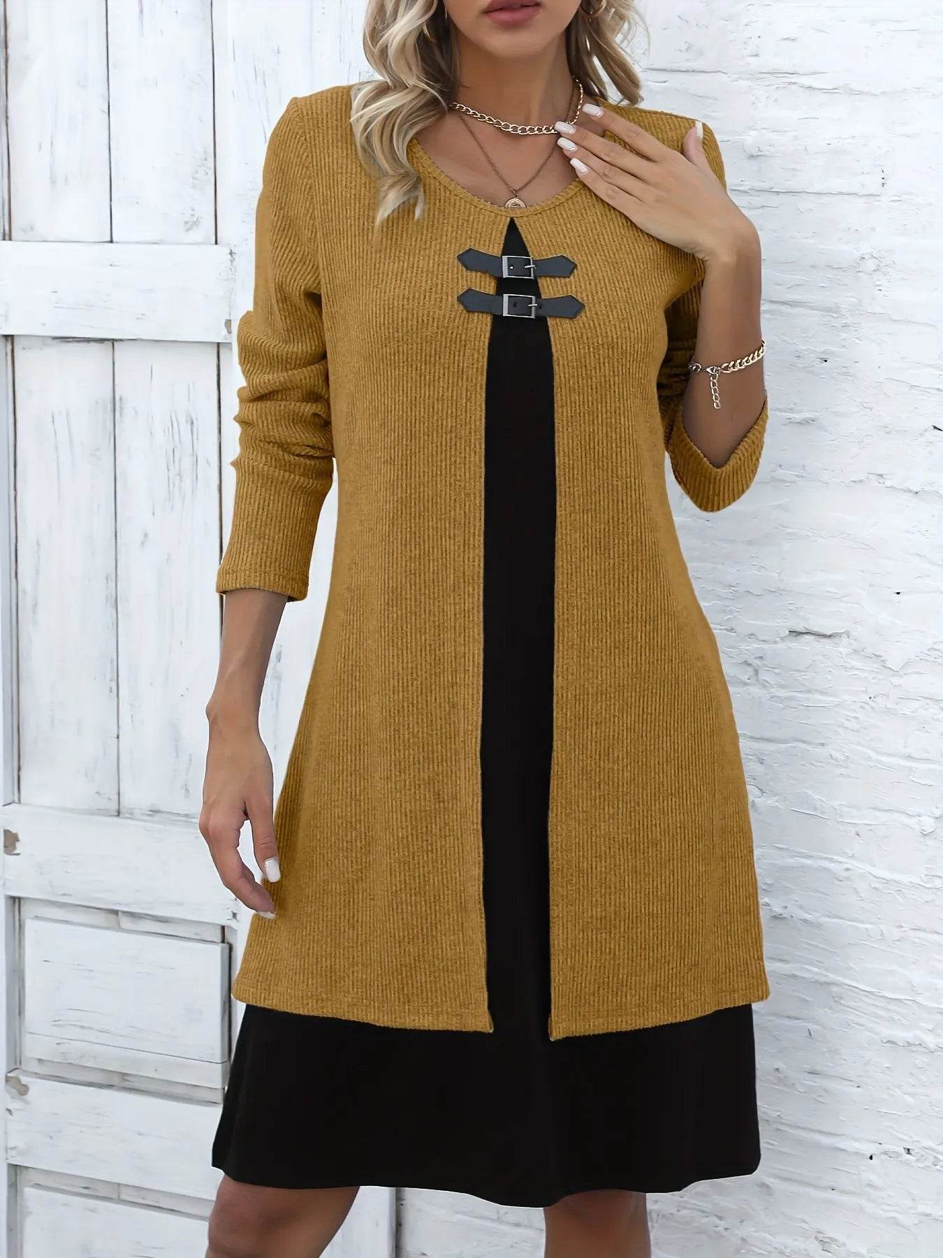 Contrast Color Buckled Round Neck Fashion Winter Sweater Dress - Velora