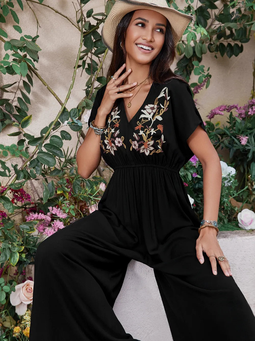 Embroidered Ruched Short Sleeve Jumpsuit - Velora