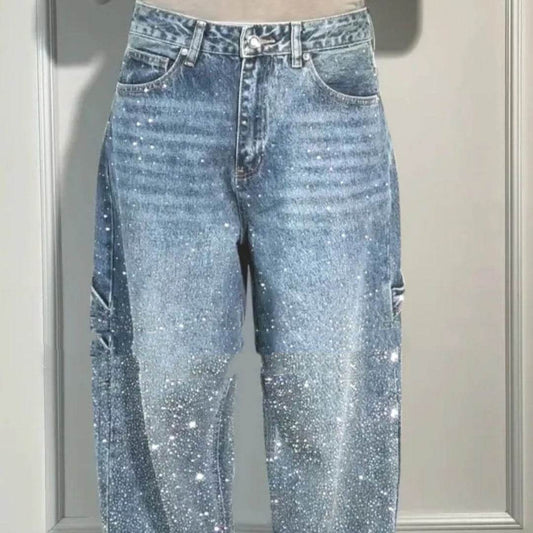 Ins Shiny Straight Jeans With Pockets Fashion Loose Wide-leg Pants For Women Street-style Trousers - Velora