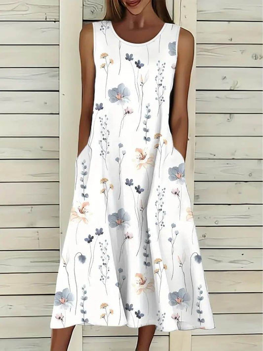 Plus-size Floral Print Pocket Sundress, Casual Sleeveless Round Neck Mid-length Dress - Velora