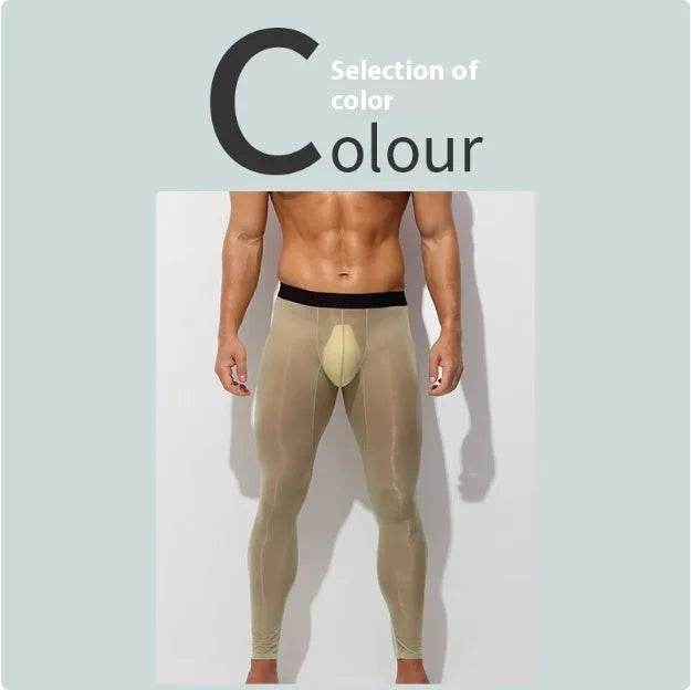 Men's Ultra thin Ice Silk Long John Skinny Flesh Nude Reflective Slim Leggings