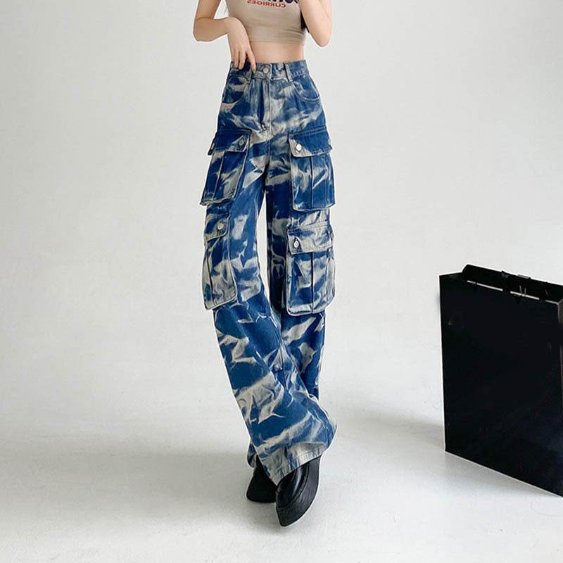 New Tie-dye Baggy CargoTrousers With Pockets Y2K Fashion High Waist Loose Wide Leg Pants Spring And Autumn - Velora