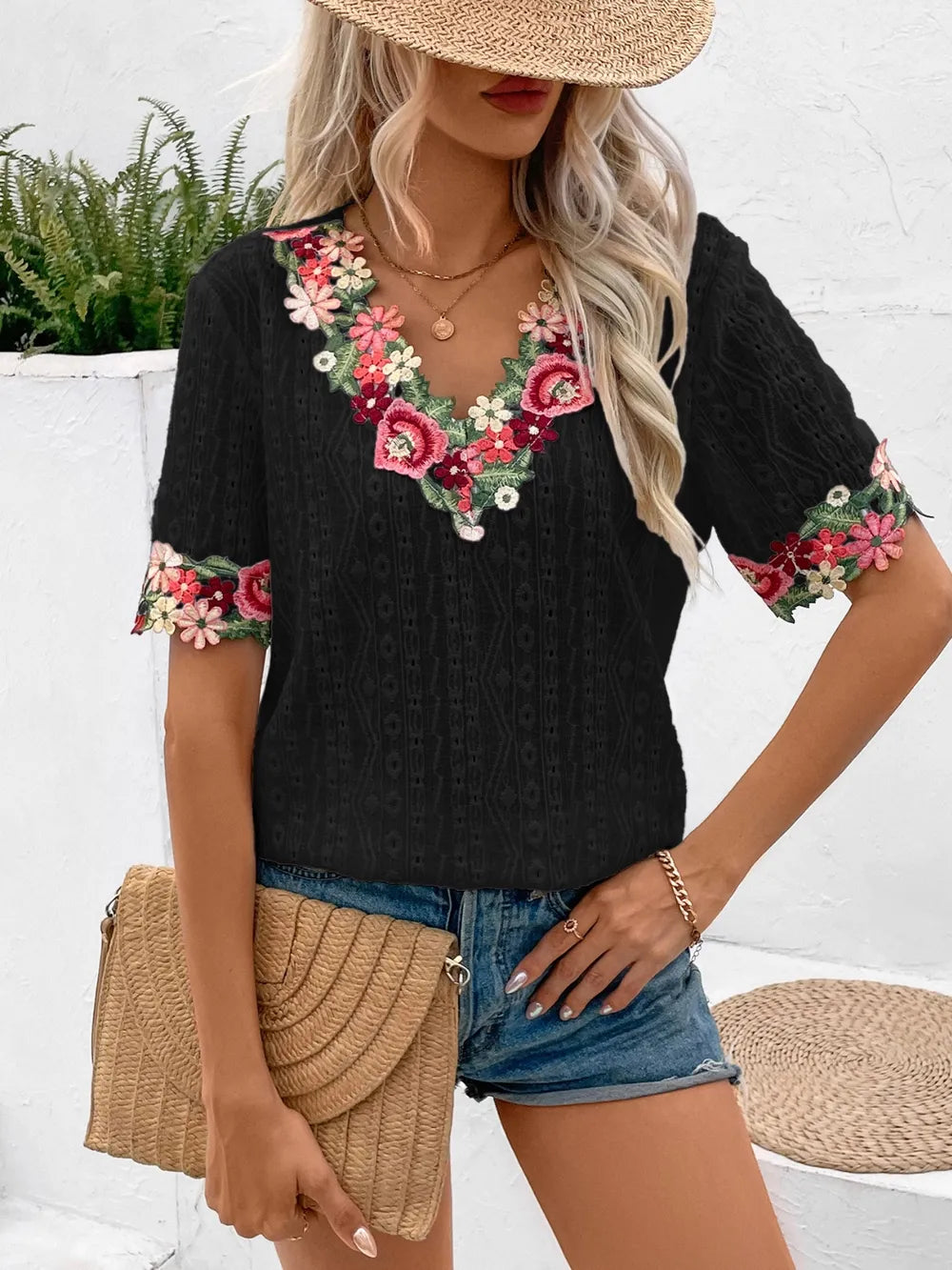Ivy Lane Eyelet Embroidered V-Neck Short Sleeve Blouse - Velora