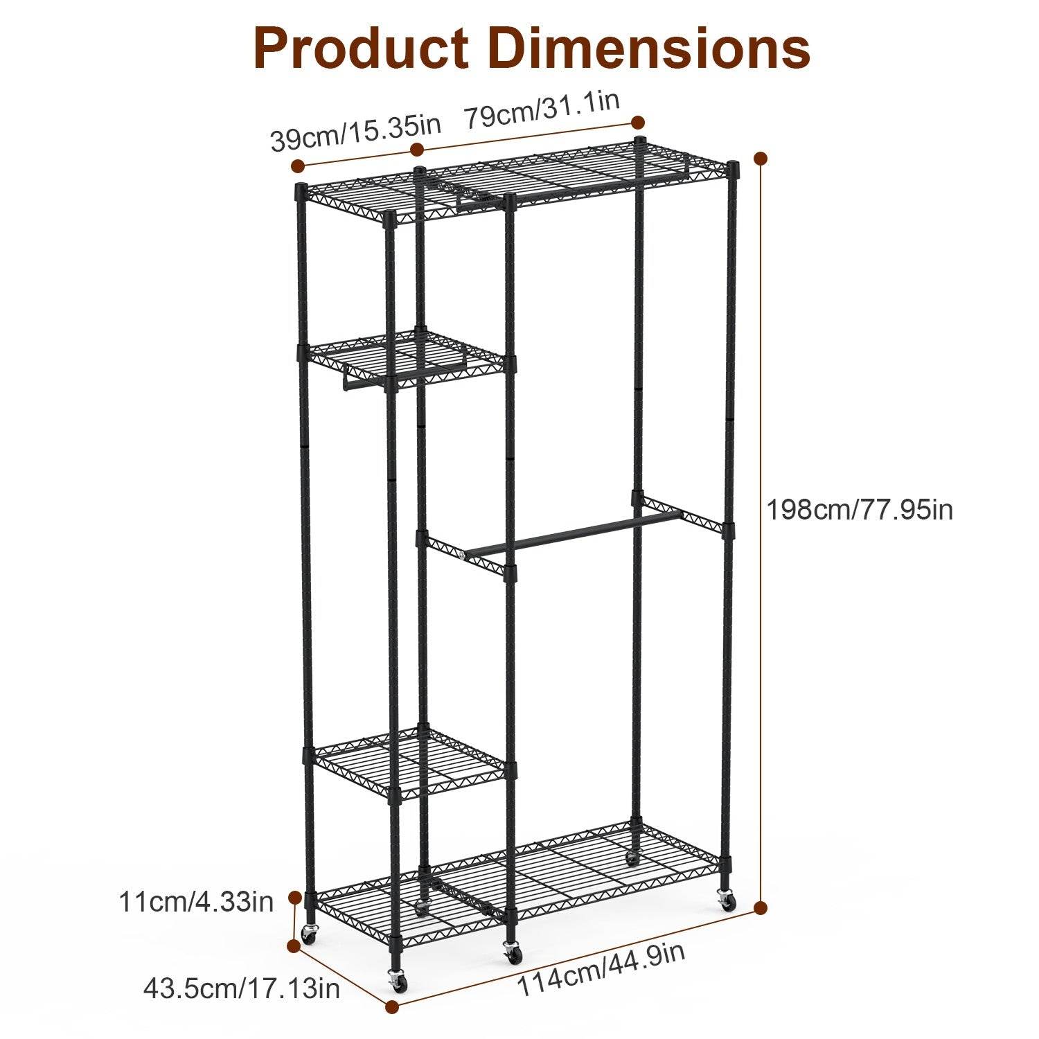 1Pc 4 Tier Heavy Duty Garment Rack With Wheels Carbon Steel Clothing Rack Portable Wardrobe Clothes Rack With 3 Hanging Rods 6 Footrests 44.9x17.13x77.95in - Velora