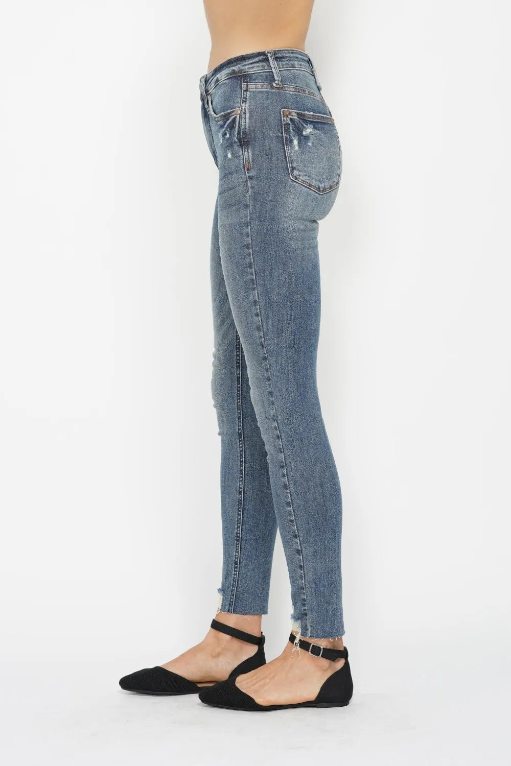 Judy Blue Full Size Tummy Control Vintage Wash Hem Destroy Skinny Jeans - Velora