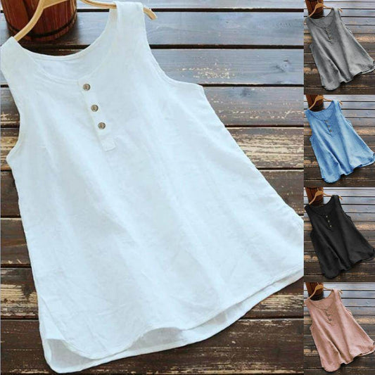 Solid Color Round Neck Loose Casual Vest Cotton Linen summer blouse top for Women - Velora