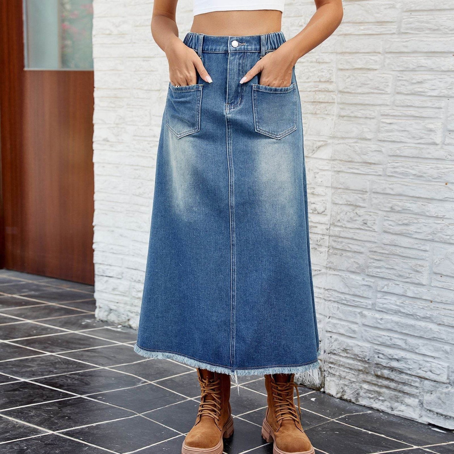 European And American Washed Frayed Hem Blue Denim Midi Skirt - Velora