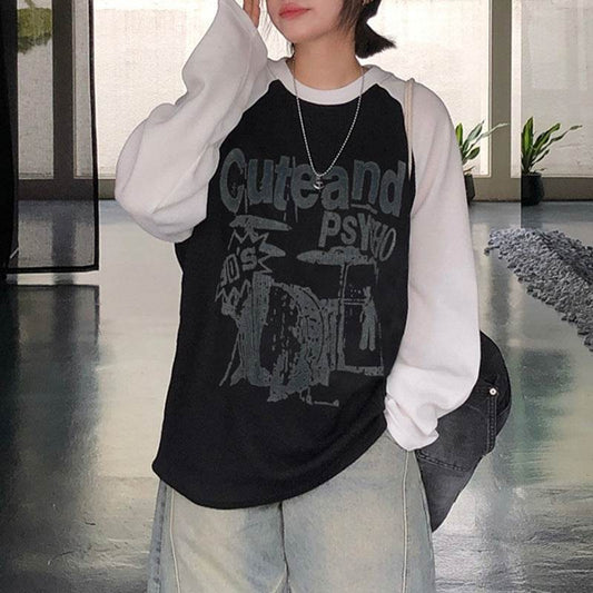 American Retro Casual Contrast Color Printed Sweater - Velora