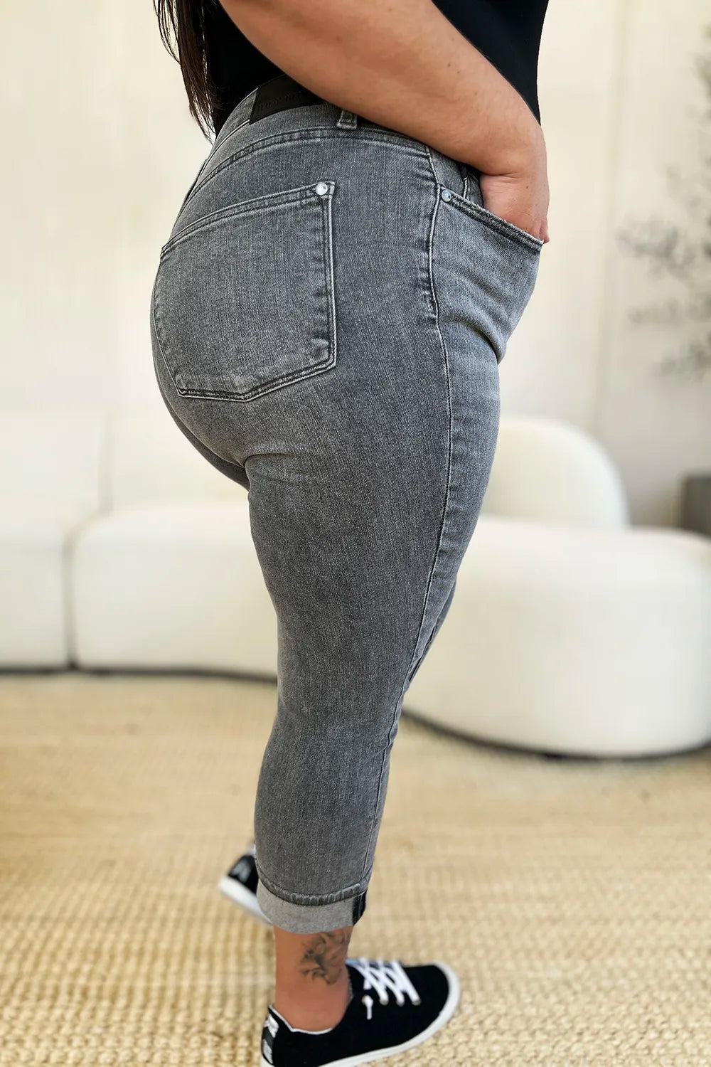 Judy Blue Full Size Button Fly High Waist Cuffed Capris - Velora
