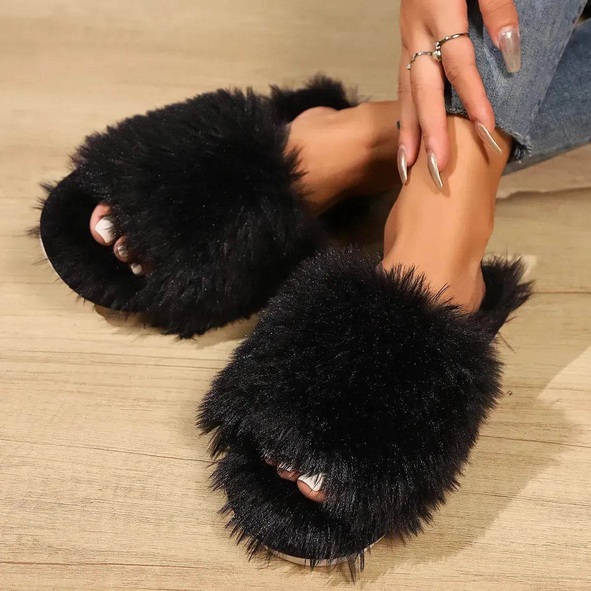 Fashion Open-toed Plush Slippers Winter Warm Indoor Bedroom Floor Soft Fluffy Slipper For Couple Solid Color House Shoes Women - Velora
