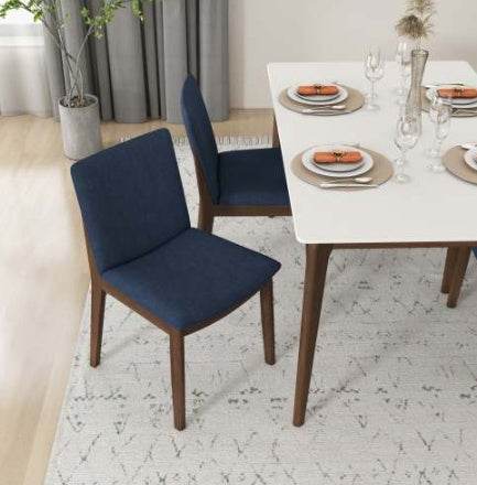 Laura Blue Linen Solid Wood Dining Chair Set Of 2 Mid-Century Modern Style - Velora