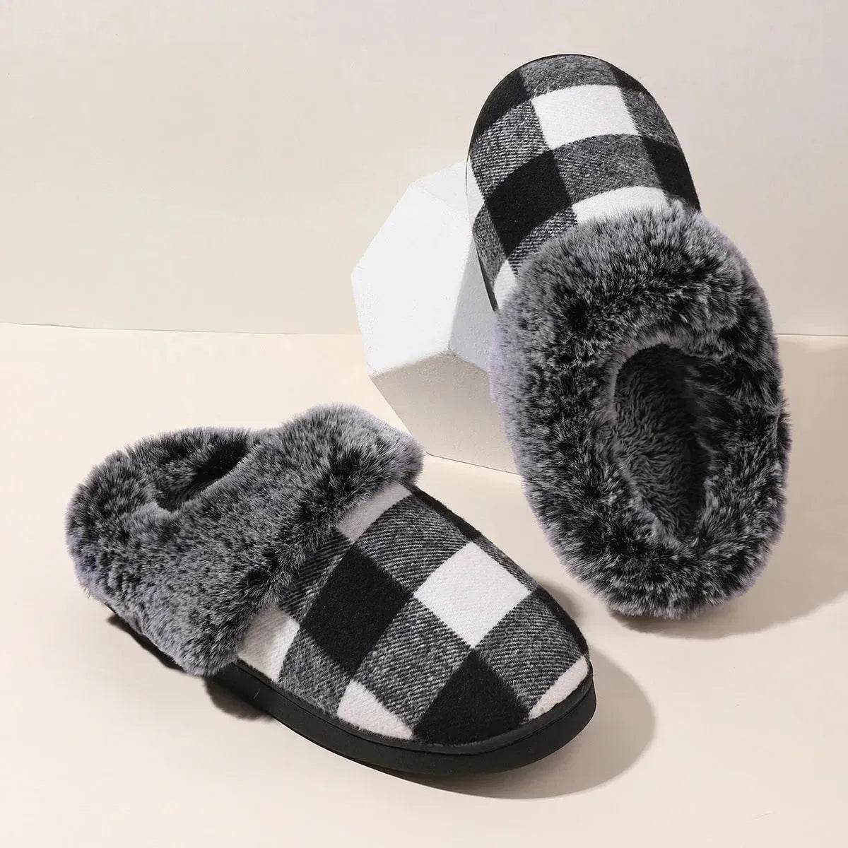 Winter Warm Plaid Plush Slippers Home Indoor Non-slip Bedroom Floor Soft Fuzzy Slipper For Couple Fashion Solid House Shoes - Velora