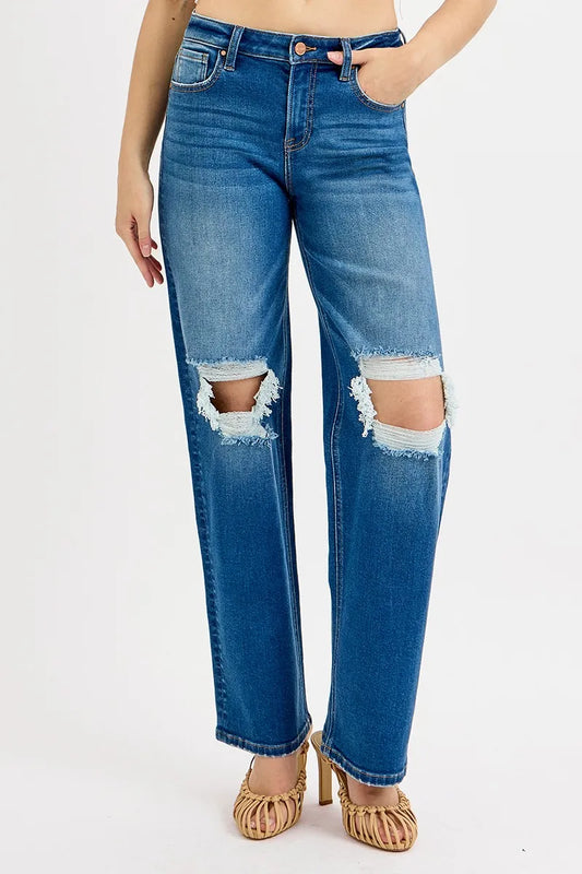 RISEN Full Size Mid Waist Fit Boyfriend Knee Distressed Jeans Plus Size - Velora