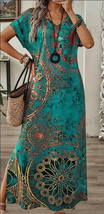 Women's Vintage Floral Print V-Neck Batwing Sleeve Casual Summer Dress Maxi Women Dresses Long Dress - Velora