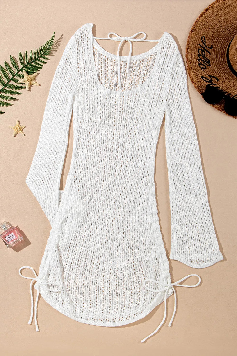 Hollow Out Bell Sleeve Drawstring Knit Cover Up Dress - Velora