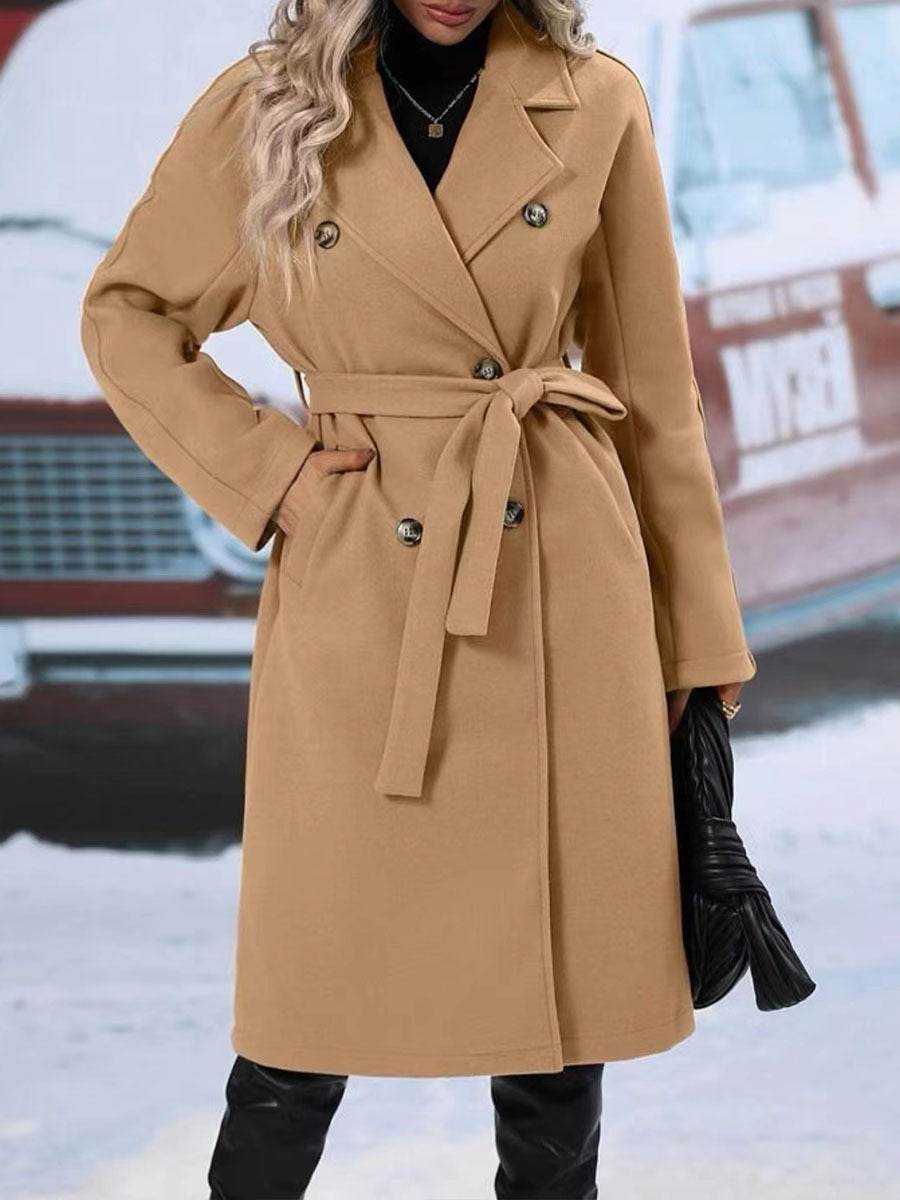 Lapel Double-breasted Trench Coat With Belt Winter Fashion Solid Color Long Jacket Outwear Women Clothing - Velora