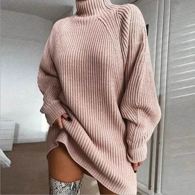 Winter Solid Knitted turtleneck sweater dress Mini - Velora