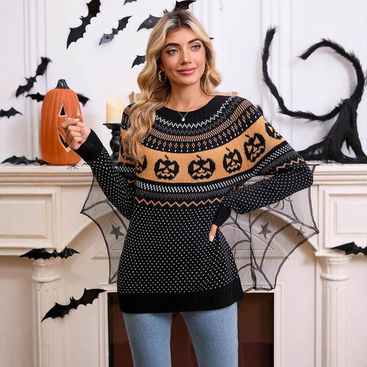 Women's Halloween Pumpkin Embroidered Retro Long-sleeved Sweater - Velora