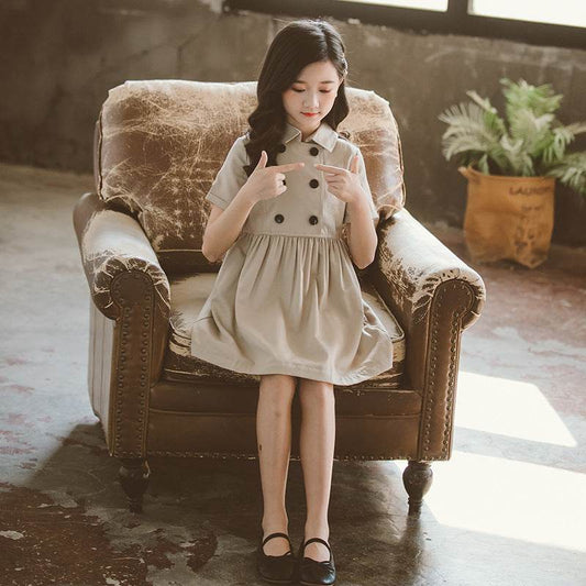 Kids Summer Clothing Beige Korean Style Children Shirt Girls' Dress Medium And Large Children's Dress Children Shirt - Velora