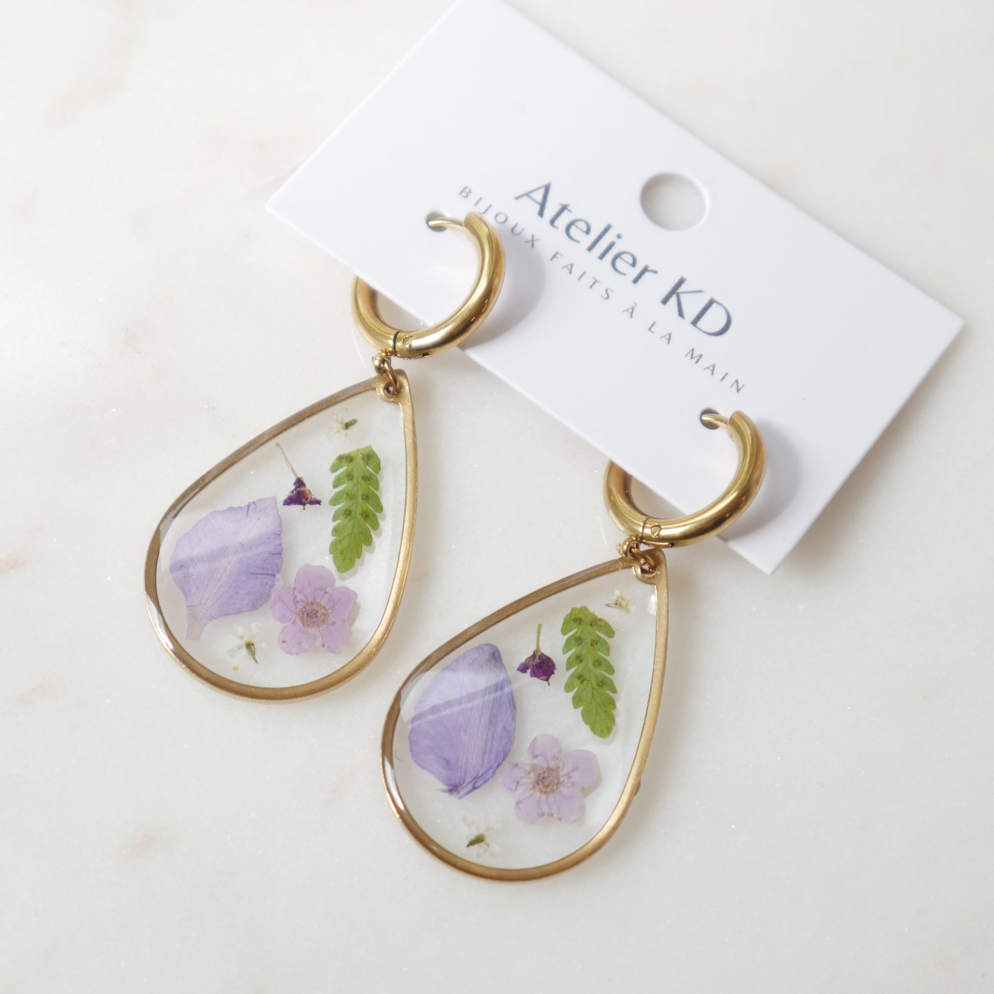Boucles d'oreilles - les Violettes et la fougères - goute (XL 32mm) - Velora