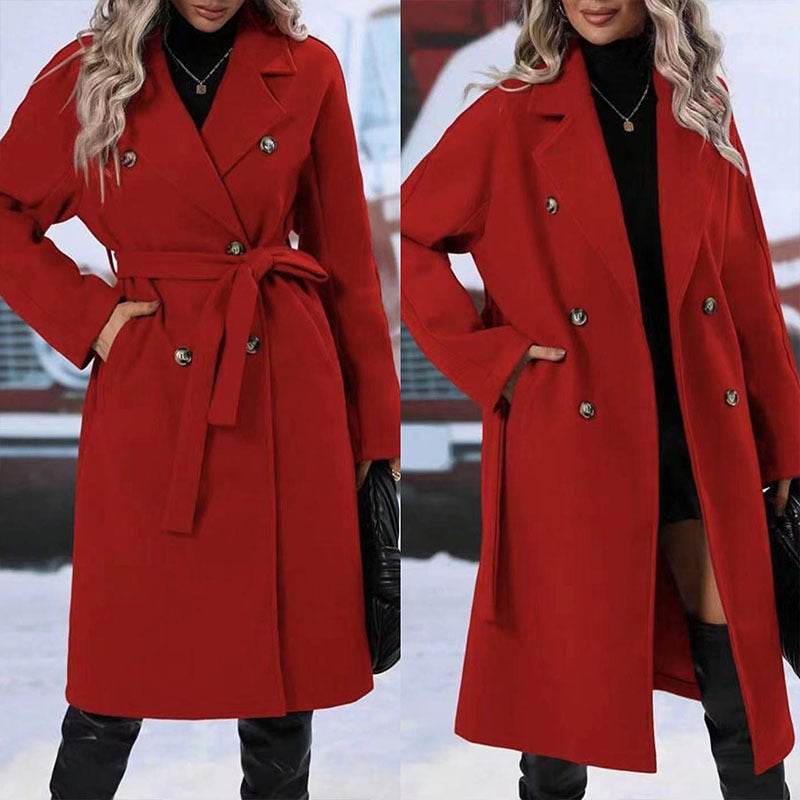 Lapel Double-breasted Trench Coat With Belt Winter Fashion Solid Color Long Jacket Outwear Women Clothing - Velora