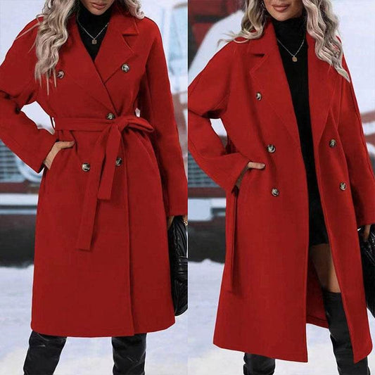 Lapel Double-breasted Trench Coat With Belt Winter Fashion Solid Color Long Jacket Outwear Women Clothing - Velora