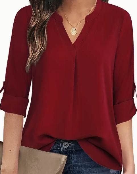 Chic Solid V-Neck Blouse - Fashionable Simplicity For Women - Relaxed Casual Long Sleeve Style - Velora
