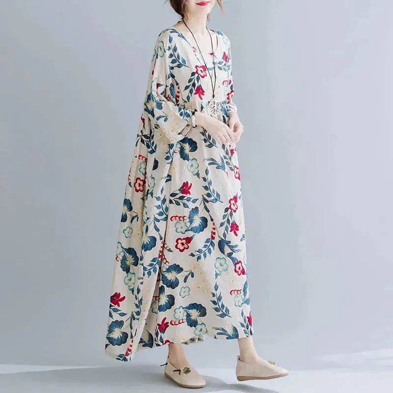 Plus Size Loose Panel Cotton Linen Print Short Sleeve Mum Maxi Dress - Velora