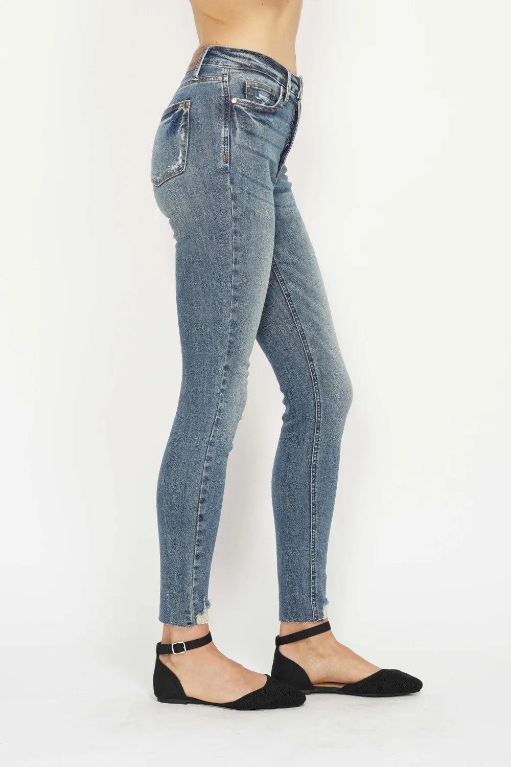 Judy Blue Full Size Tummy Control Vintage Wash Hem Destroy Skinny Jeans - Velora
