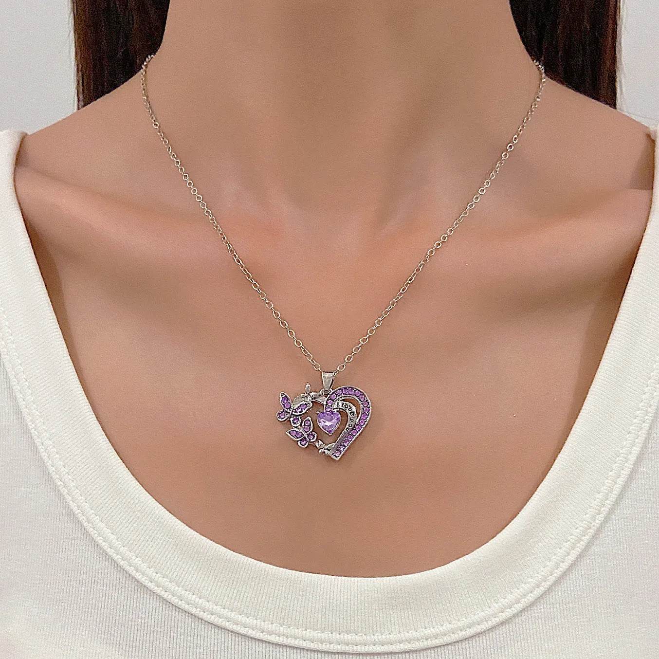 Ins Butterfly Love Necklace With Rhinestones Fashion Personality Hollow Heart-shaped Clavicle Chain Pendant Necklace For Valentine's Day - Velora