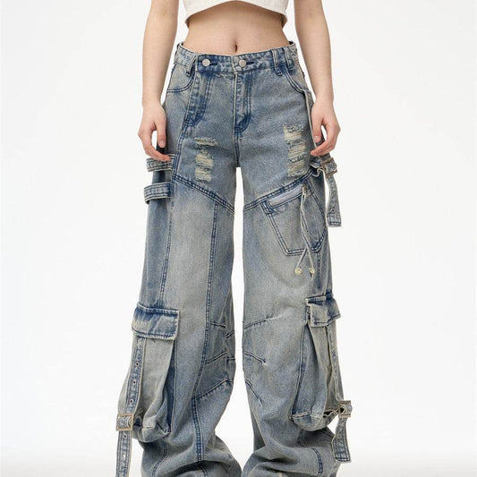 Distressed Washed Oversized Baggy Cargo Jeans Pant - Velora