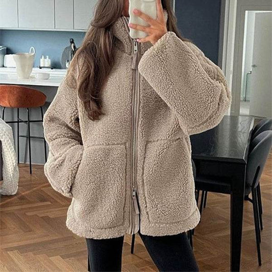 Winter Lapel Zip-up Coat With Pockets Casual Fashion Solid Fleece Jacket Fall Spring Long Sleeve Women's Clothing - Velora