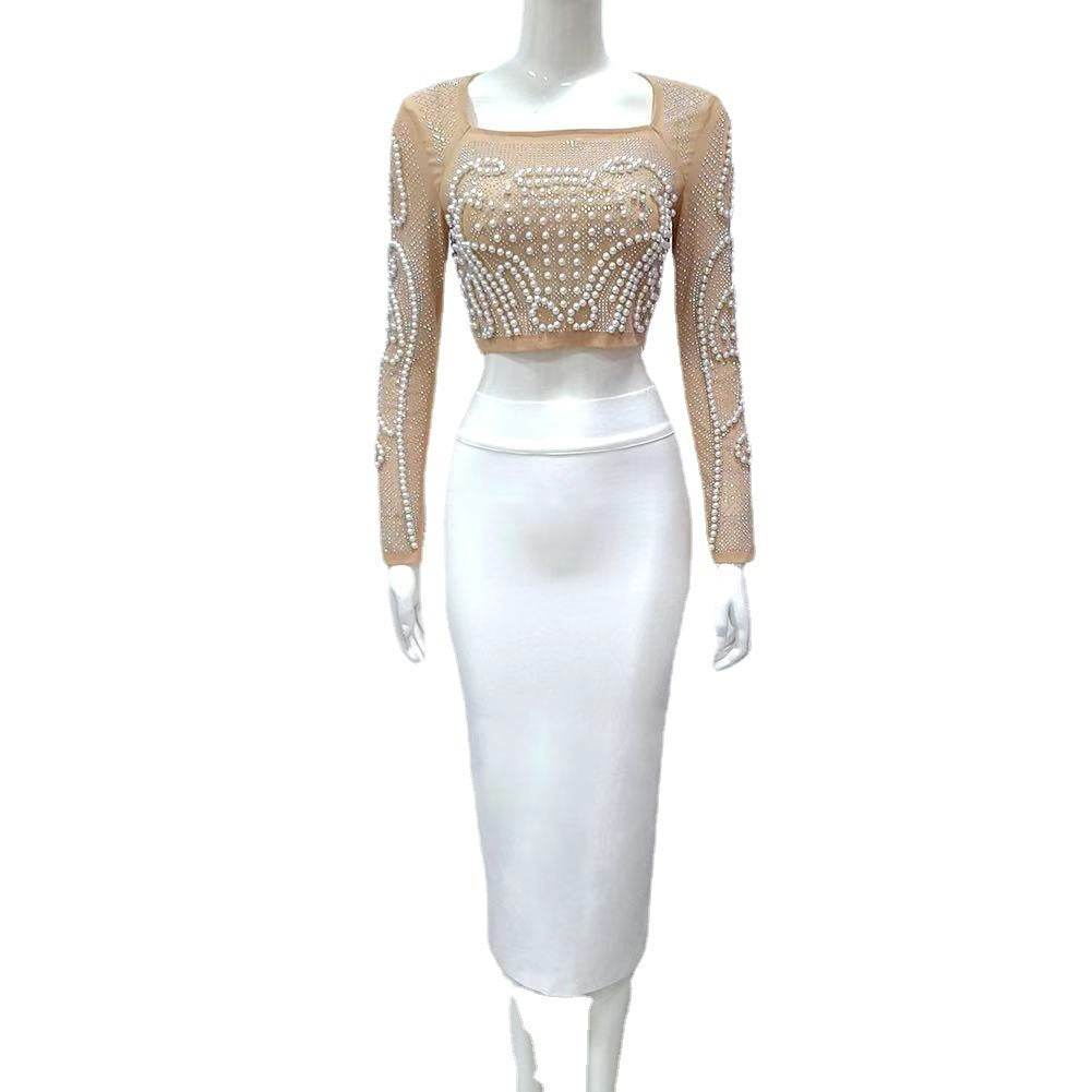 2pcs Beaded Studded Long Sleeve Mesh top and Midi Pencil skirt for work - Velora