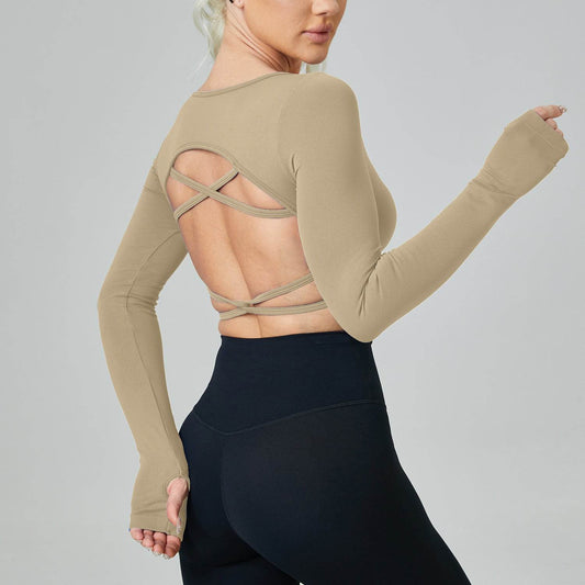 Long Sleeve Hollow Back Crop Workout Top for Women Sport Gym Top - Velora