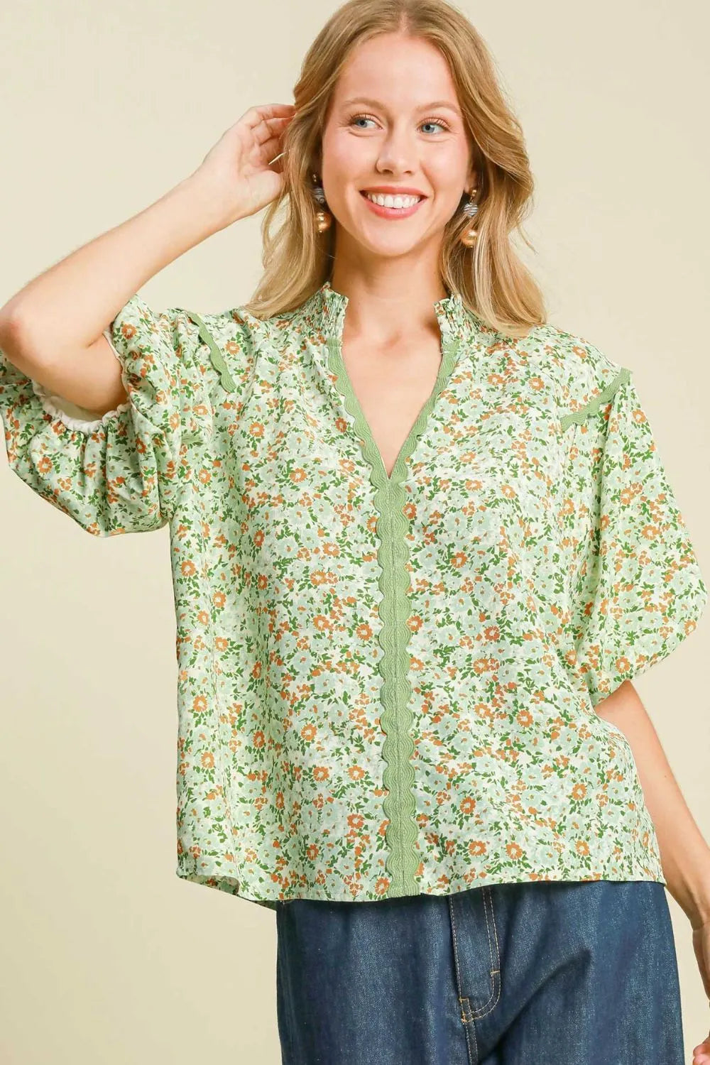 Umgee Full Size Floral Print Puff Sleeve Top Plus Size - Velora